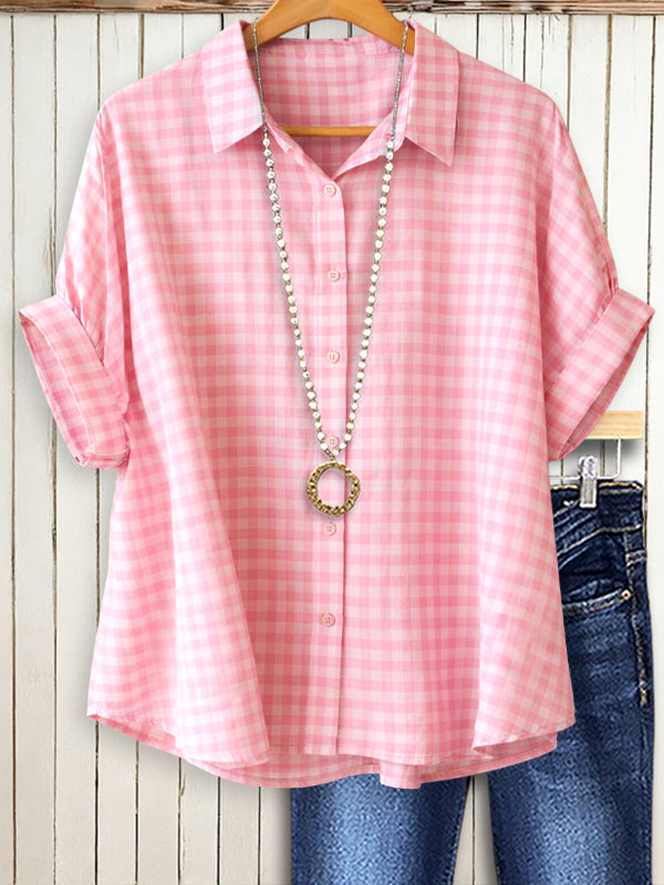 Pink Gingham Short Sleeve Button-Up Shirt