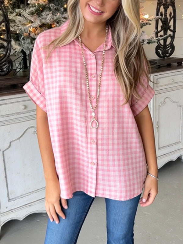 Pink Gingham Short Sleeve Button-Up Shirt