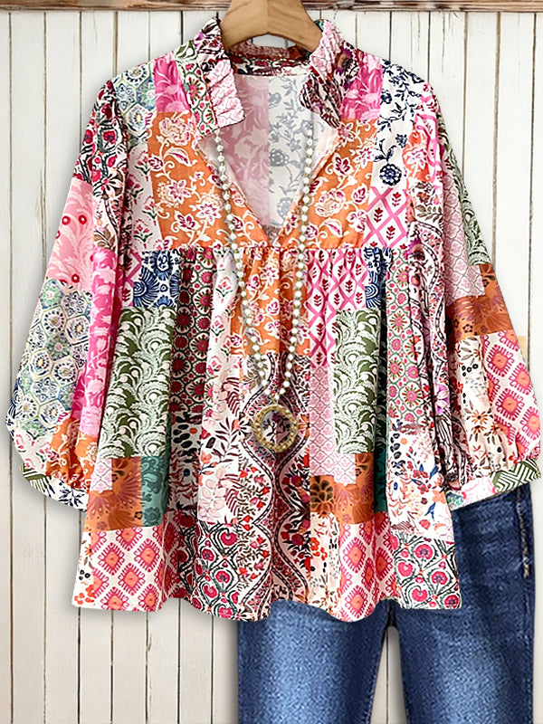 Boho Patchwork Split-Neck Peasant Top