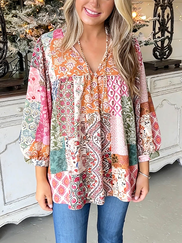 Boho Patchwork Split-Neck Peasant Top