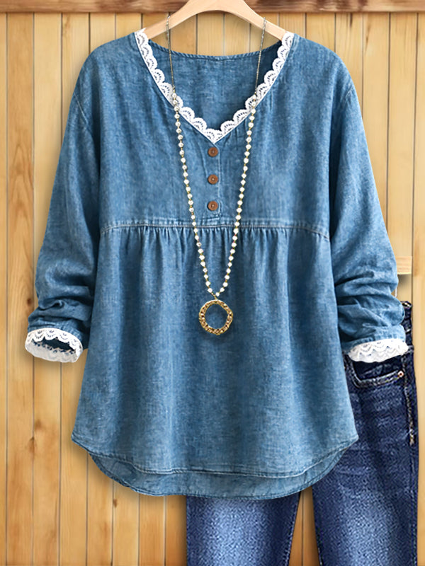 Willow Lace Trim Denim Blouse