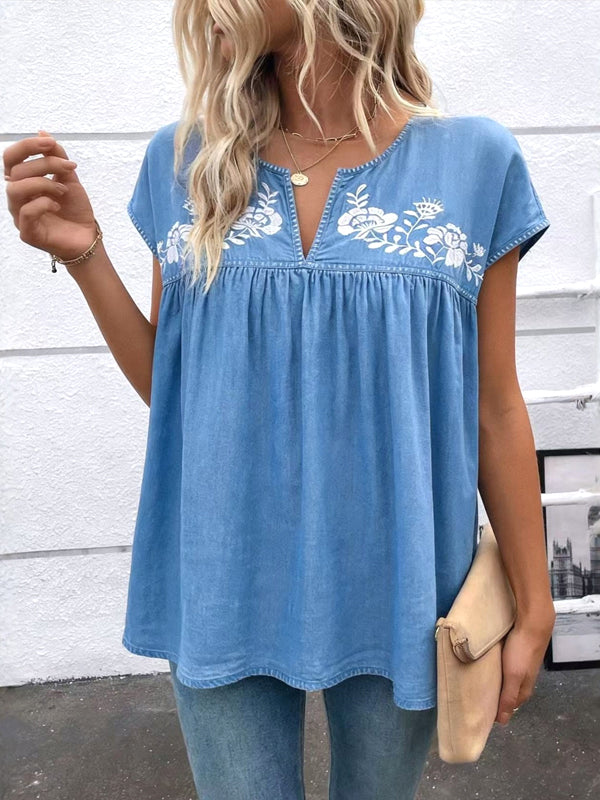 Denim Bloom Embroidered V-Neck Blouse
