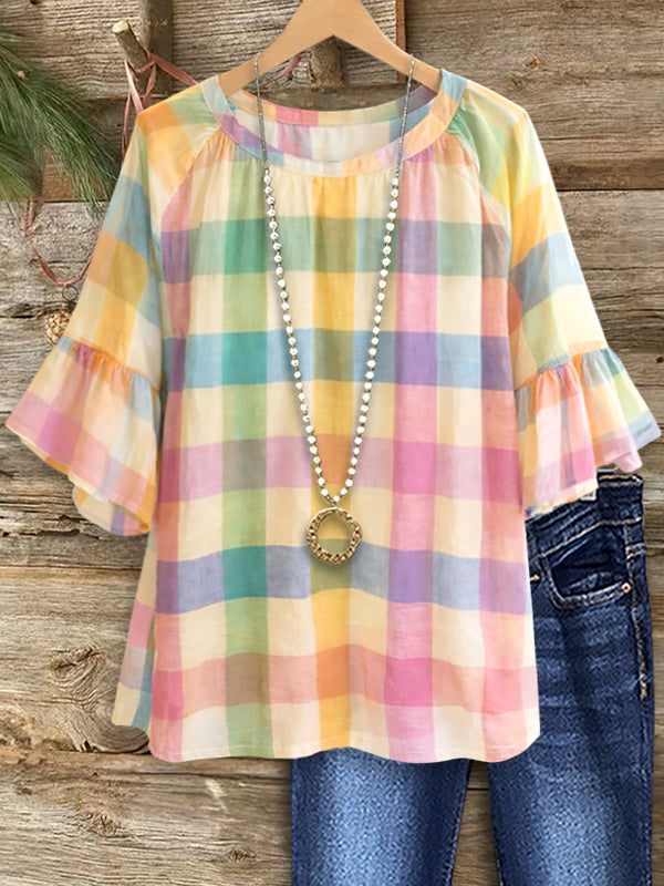 Sweet Pastel Plaid Ruffle Sleeve Top