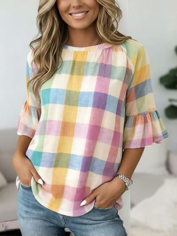 Sweet Pastel Plaid Ruffle Sleeve Top