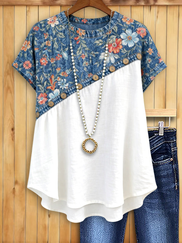 Denim Floral Contrast Top