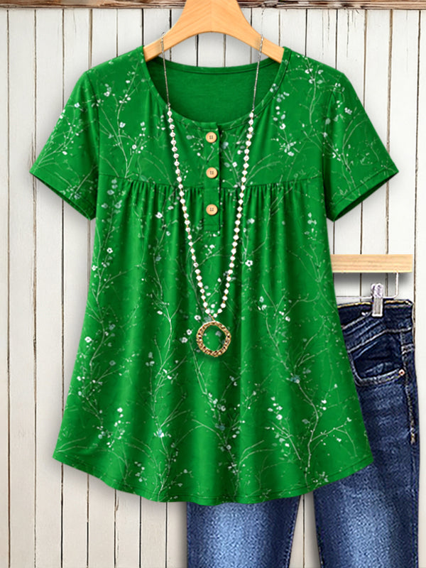 Green Floral Henley Babydoll Top