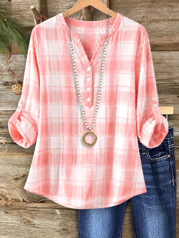 Coastal Plaid Roll-Tab Blouse