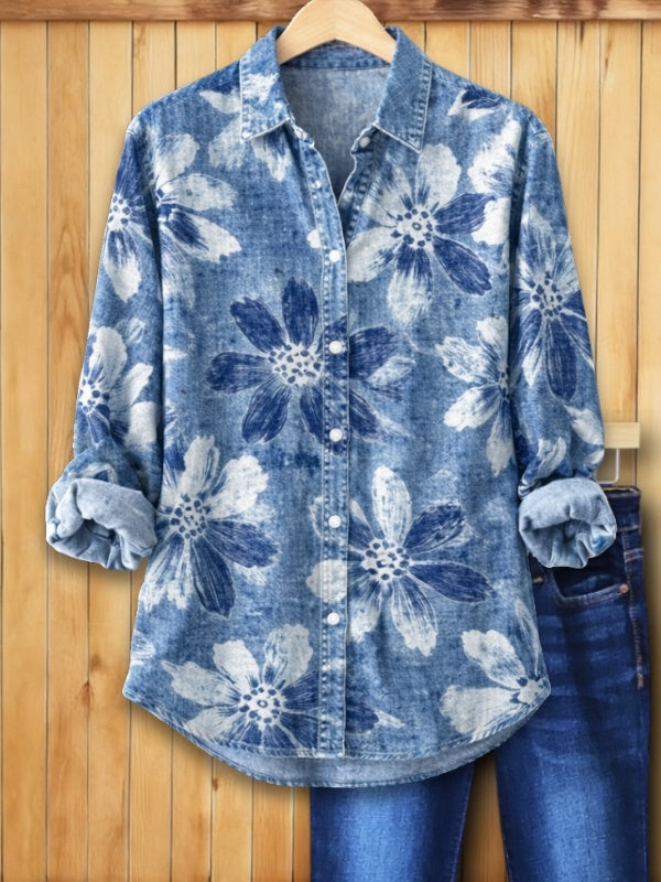 Washed Denim Floral Button-Down Shirt