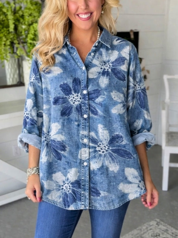 Washed Denim Floral Button-Down Shirt