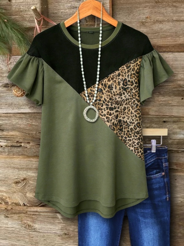 Colorblock Crew Neck Tee With Flutter Sleeves