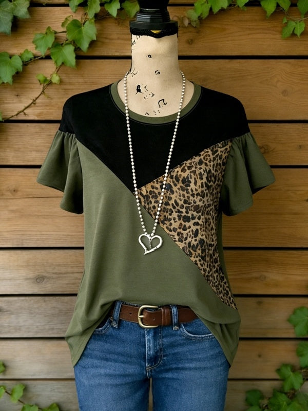 Colorblock Crew Neck Tee With Flutter Sleeves