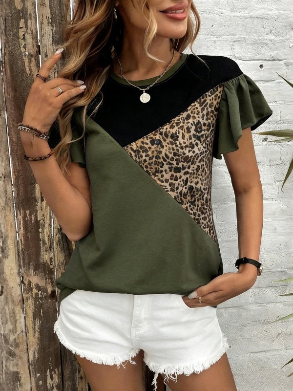 Colorblock Crew Neck Tee With Flutter Sleeves