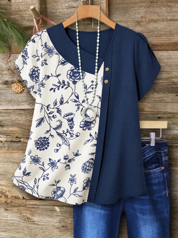 Asymmetric Neck Blouse With Cap Sleeves