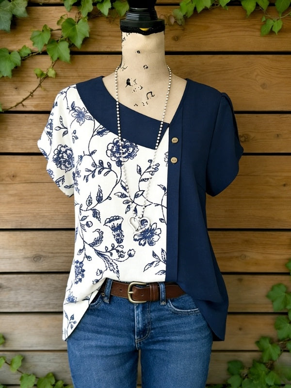 Asymmetric Neck Blouse With Cap Sleeves