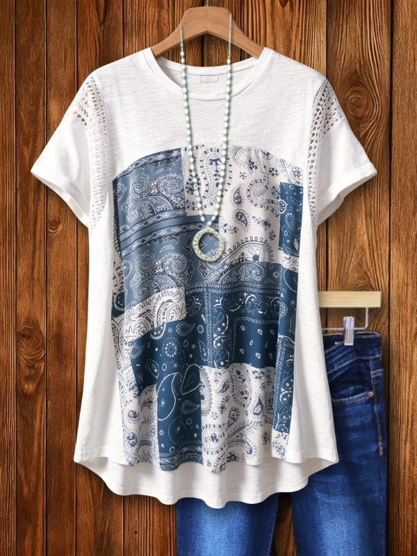 Crew Neck Patchwork Tee with Short Sleeves