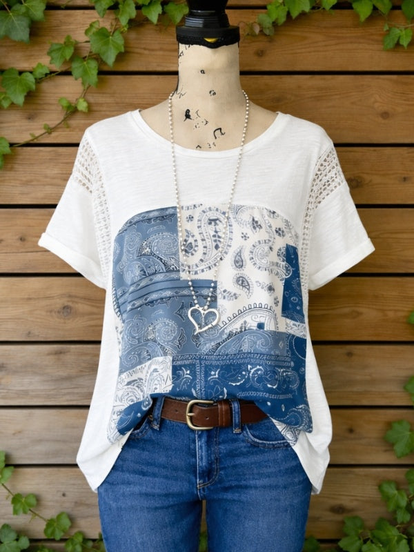Crew Neck Patchwork Tee with Short Sleeves