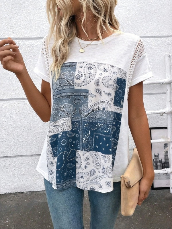 Crew Neck Patchwork Tee with Short Sleeves