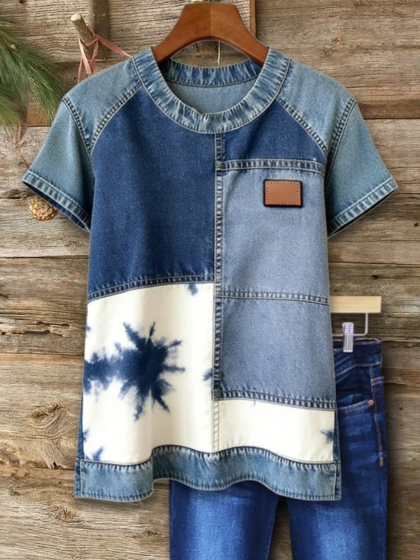 Crew Neck Patchwork Denim Tee