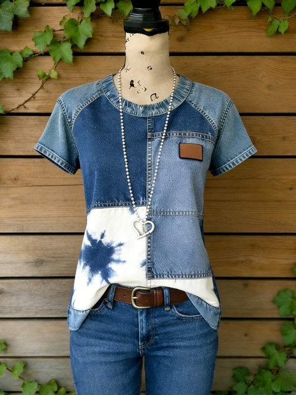 Crew Neck Patchwork Denim Tee