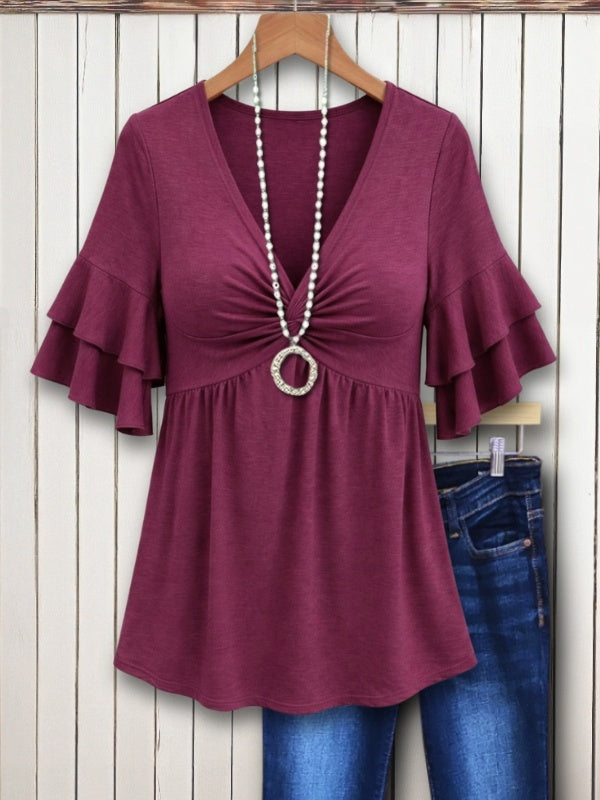 Solid Twist Front Flutter Sleeve V-Neck Top