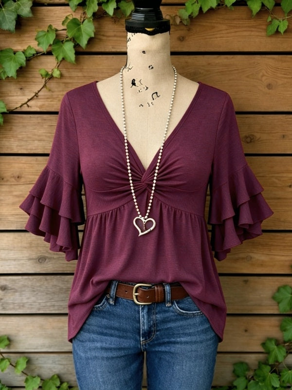 Solid Twist Front Flutter Sleeve V-Neck Top
