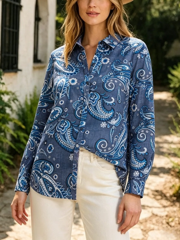 Paisley Print Roll-Tab Sleeve Button-Up Shirt
