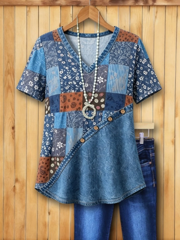 Patchwork V-Neck Short Sleeve Top