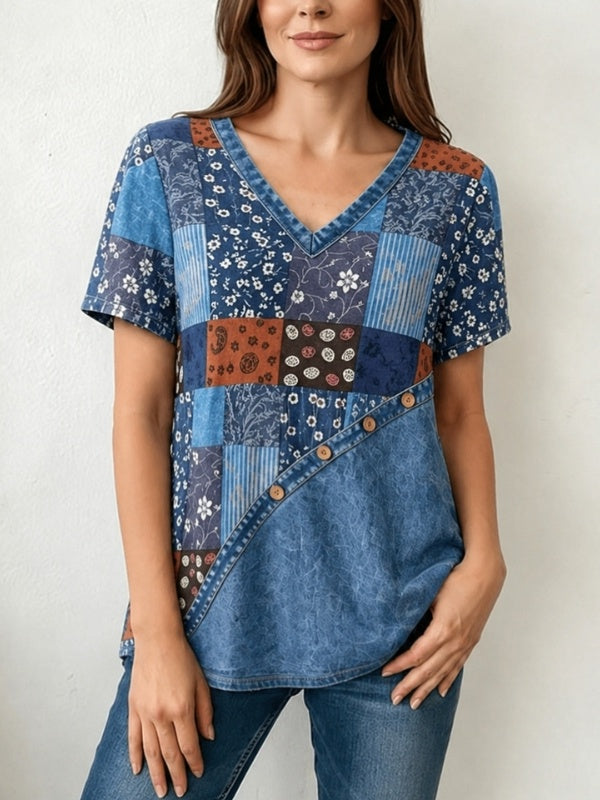 Patchwork V-Neck Short Sleeve Top