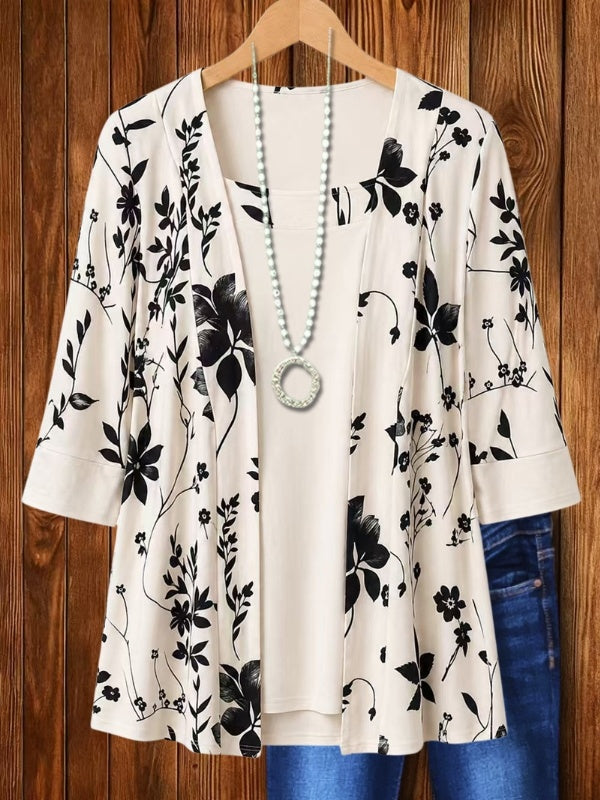 Floral Open-Front Faux Two-Piece Cotton Top