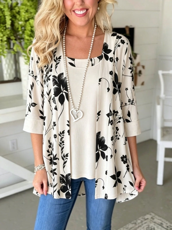 Floral Open-Front Faux Two-Piece Cotton Top