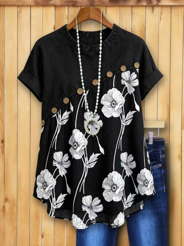 Black Floral Button Accent Linen Blend Top