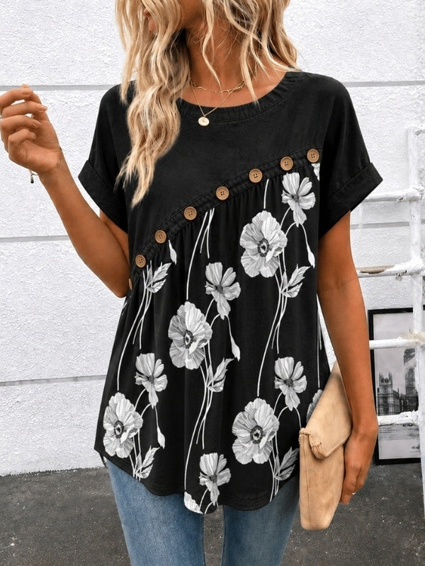 Black Floral Button Accent Linen Blend Top