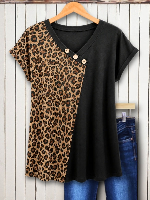 Leopard Patchwork Button V-Neck Top