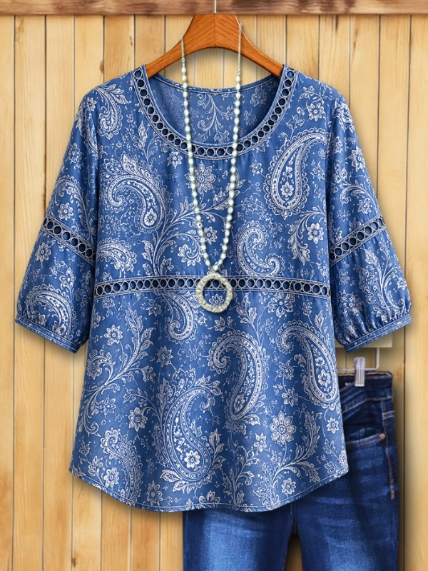 Paisley Trim Round Neck Blouse