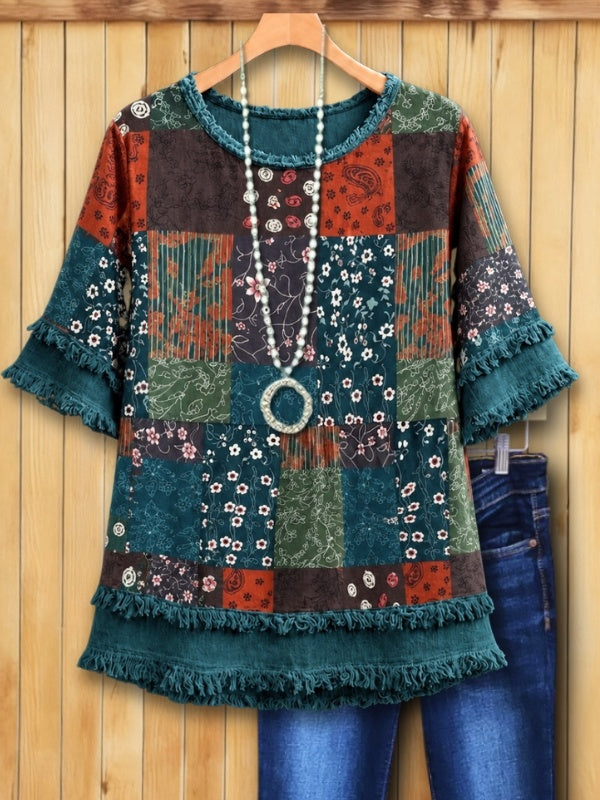 Patchwork Fringe Bell Sleeve Top