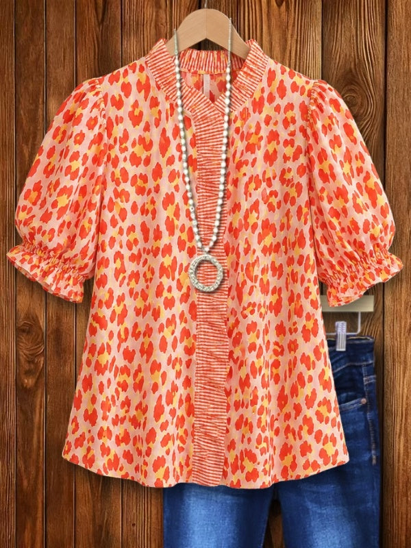 Leopard Print Puff Sleeve Blouse