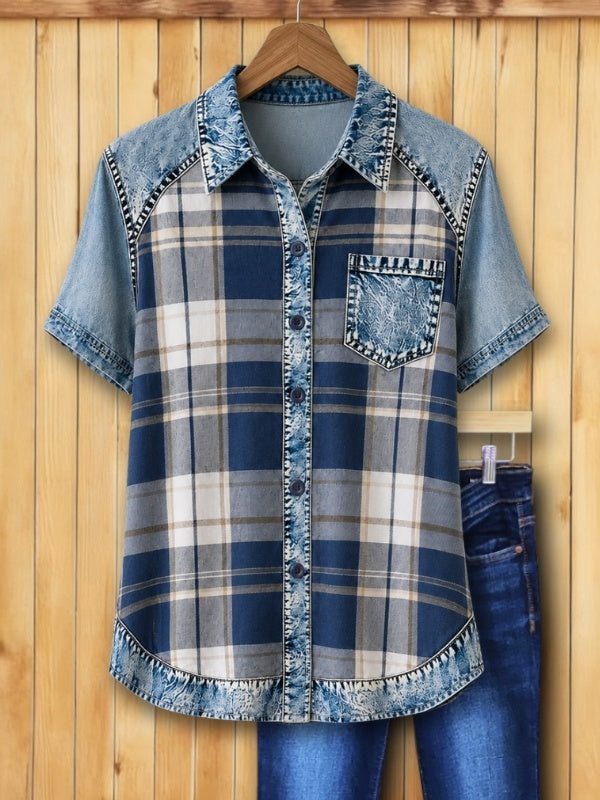 Plaid Denim Trim Short Sleeve Shirt