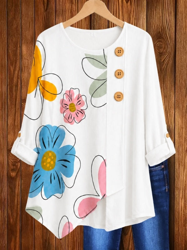 Asymmetrical Floral Button Tunic Top