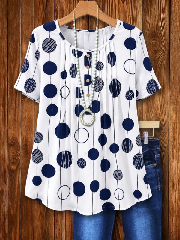 Polka Dot Pleated Scoop Neck Tee