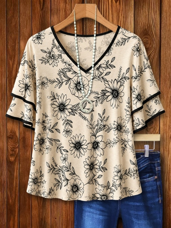 Floral V-Neck Flutter Sleeve Tee