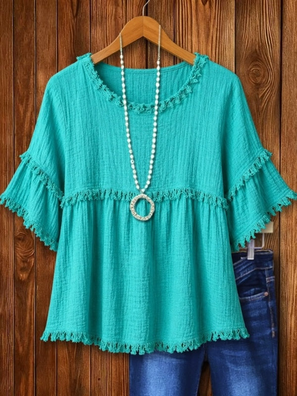 Aqua Fringe Trim Flutter Sleeve Blouse