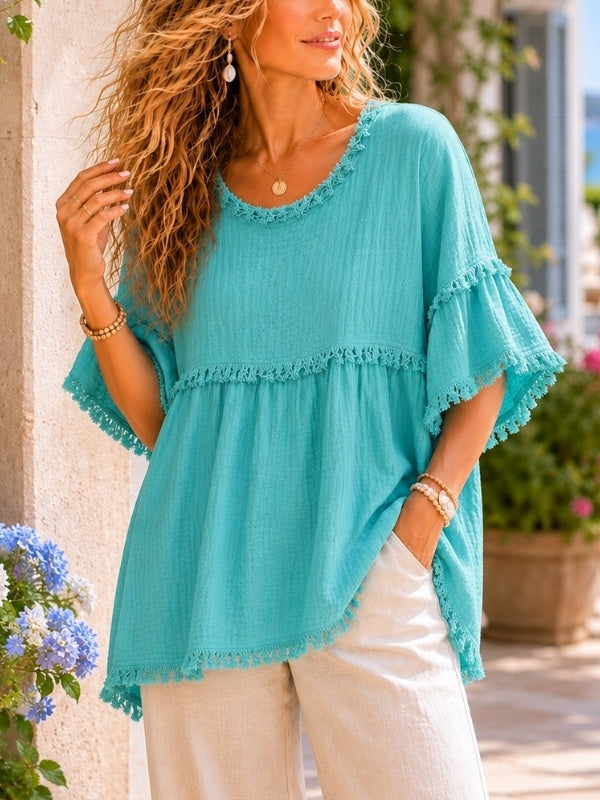 Aqua Fringe Trim Flutter Sleeve Blouse