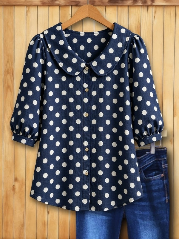 Polka Dot Peter Pan Collar Puff Sleeve Top
