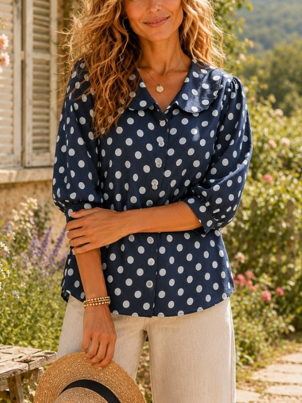 Polka Dot Peter Pan Collar Puff Sleeve Top