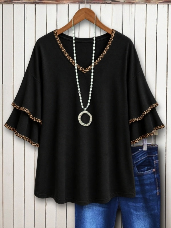 Leopard Trim Tiered Sleeve V-Neck Tee