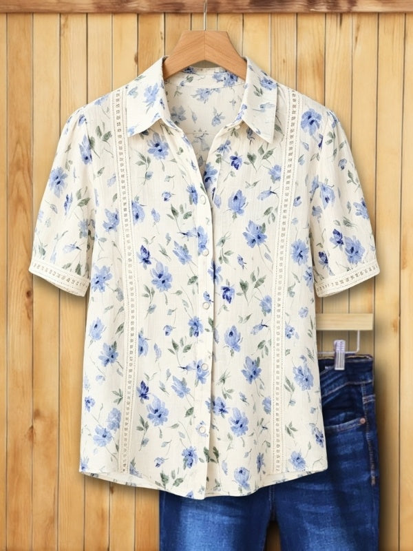 Floral Lace Trim Button-Up Shirt