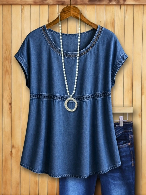 Denim Eyelet Trim Cap Sleeve Top