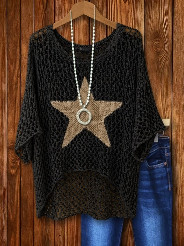 Open-Knit Star Patch Crochet Sweater Top