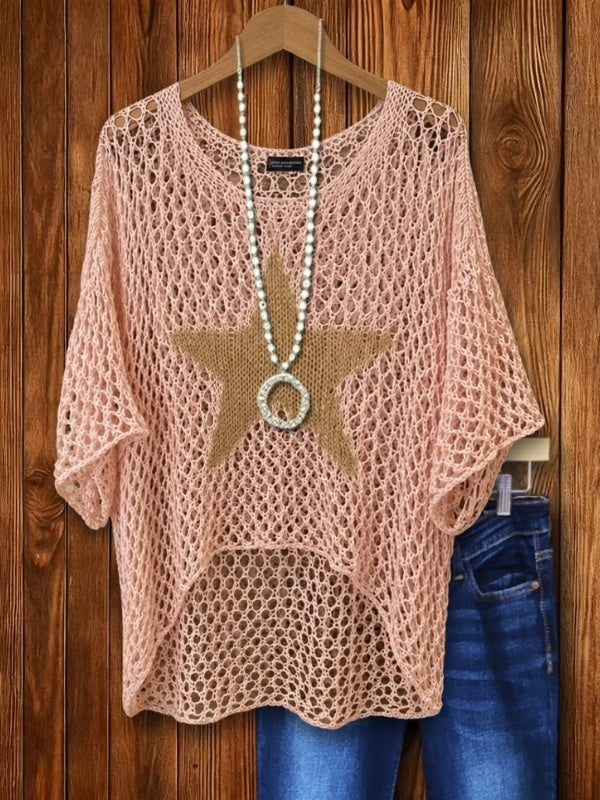 Open-Knit Star Patch Crochet Sweater Top