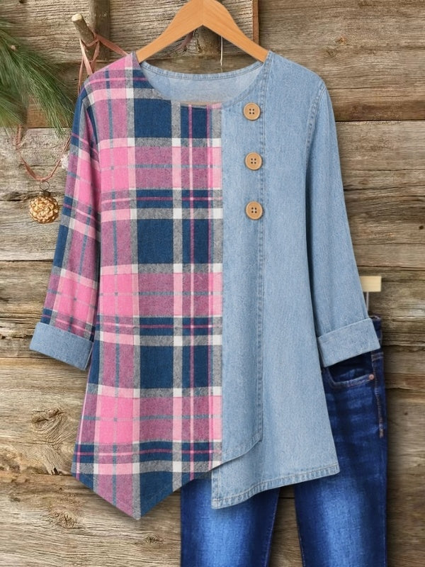 Patchwork Plaid & Tencel Denim Button Tunic